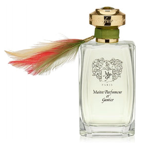 Maître Parfumeur et Gantier - Bahiana Parfumflakon mit elegantem goldfarbenem Verschluss und farbiger Feder am Flakonrand