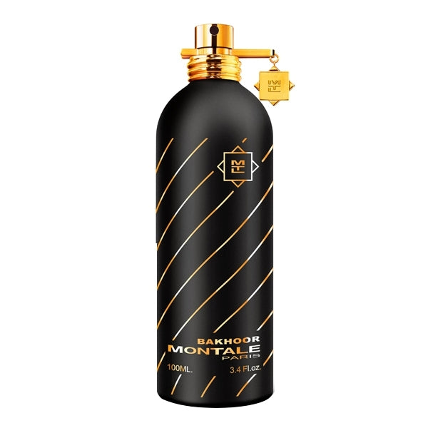 Montale - Bakhoor schwarzer Flakon mit goldenen diagonalen Linien und goldenem Verschluss vor weißem Hintergrund