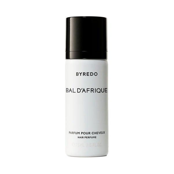 Byredo - Bal d'Afrique - Hair Perfume in schlichter weißer Flasche mit schwarzem Verschluss vor weißem Hintergrund