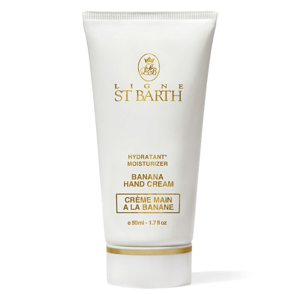 Ligne St Barth - Hand- und Fußcreme Banane in schlichter weißer Tube mit goldfarbenem Logo für zarte Hautpflege