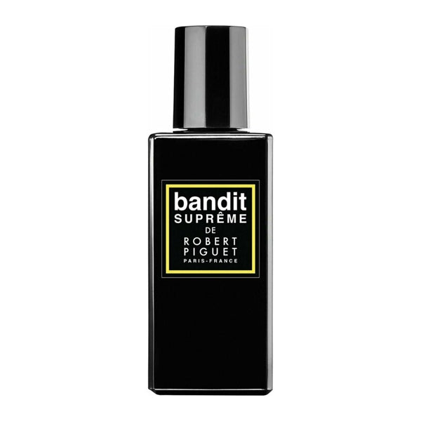 Robert Piguet Bandit Suprême perfume in sleek black rectangular bottle with yellow-bordered label and black cap on white background