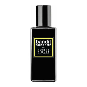 Robert Piguet Bandit Suprême perfume in sleek black rectangular bottle with yellow-bordered label and black cap on white background