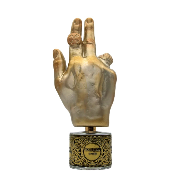 Filippo Sorcinelli - Memento - Basilica di Assisi Parfumflakon mit goldener Hand und kunstvollem schwarz-goldenem Sockel