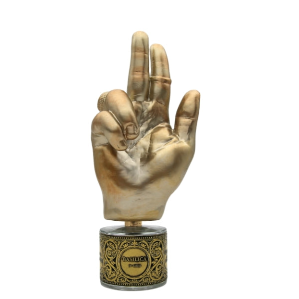 Filippo Sorcinelli - Memento - Basilica di Assisi kunstvoll gestalteter goldener Handflakon auf verziertem Sockel