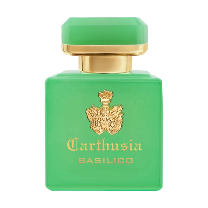 Carthusia - Intenso Collection - Basilico zeigt grünen Flakon mit goldenem Emblem und eleganter Schrift auf weißem Hintergrund