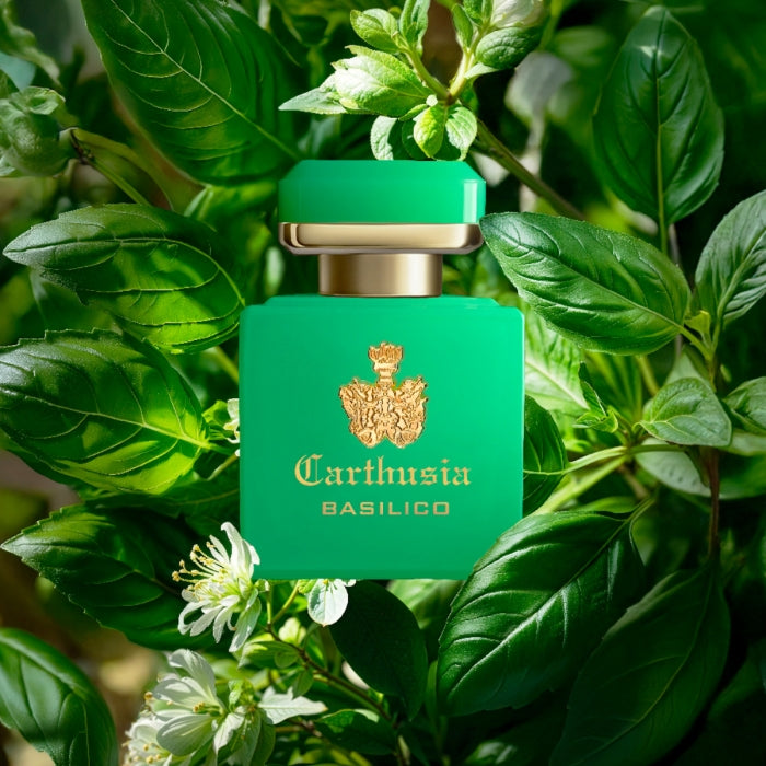 Carthusia - Intenso Collection - Basilico zeigt grünen Flakon mit goldenem Wappen umgeben von frischen Basilikumblättern