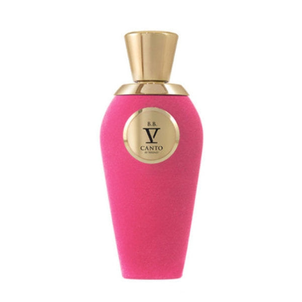 V Canto - B.B. zeigt eleganten pinken Flakon mit goldfarbenem Verschluss und rundem Emblem auf weißem Hintergrund