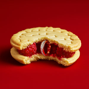 BORNTOSTANDOUT - Be my Cookie Keks mit Himbeeren und funkelndem Ring auf tiefrotem Hintergrund inszeniert