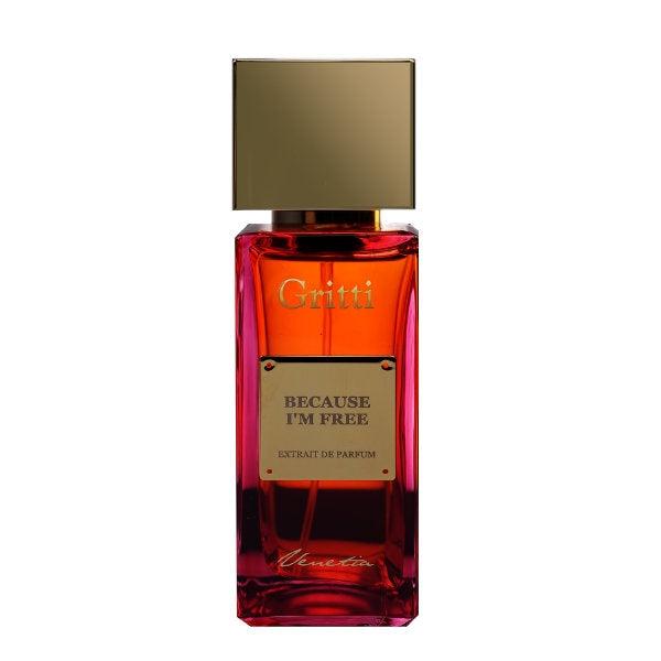 Gritti - Ivy Collection - Because I'm free Parfumflakon in rot mit goldenem Verschluss und goldfarbenem Label vor weißem Hintergrund