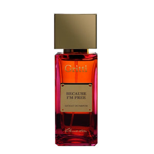 Gritti - Ivy Collection - Because I'm free Parfumflakon in rot mit goldenem Verschluss und goldfarbenem Label vor weißem Hintergrund