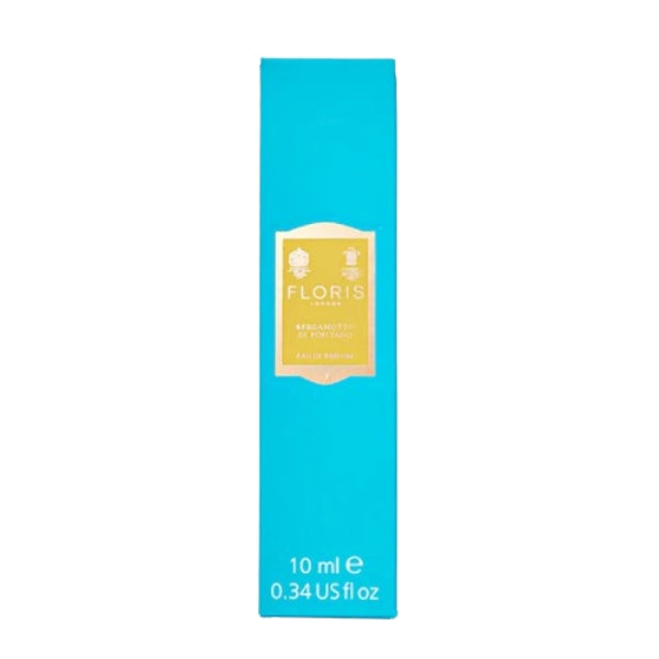 Floris - Bergamotto Di Positano Verpackung in türkis mit goldenem Etikett und klarer Schrift für 10 ml Eau de Parfum