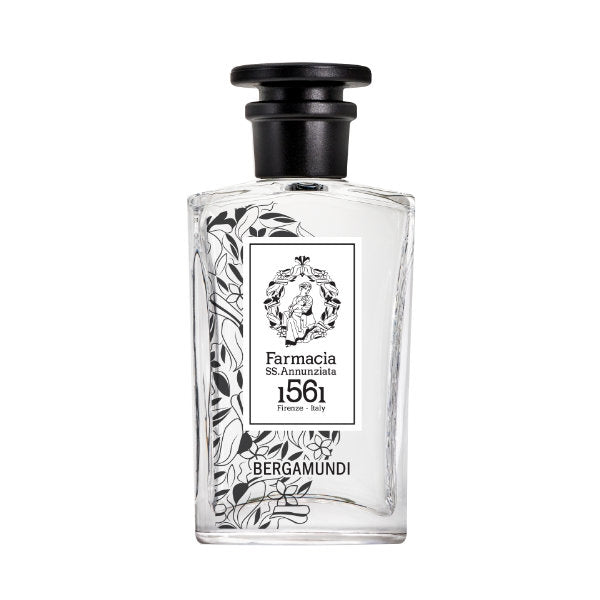 Farmacia SS. Annunziata - Bergamundi Parfumflakon mit schwarzem Verschluss und floralem schwarz-weißem Design auf klarem Glas