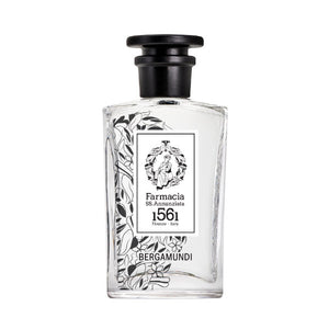 Farmacia SS. Annunziata - Bergamundi Parfumflakon mit schwarzem Verschluss und floralem schwarz-weißem Design auf klarem Glas