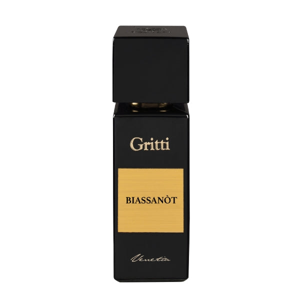 Gritti - Black Collection - Biassanòt Parfumflakon in elegantem schwarzen Design mit goldenem Etikett und klarer Typografie