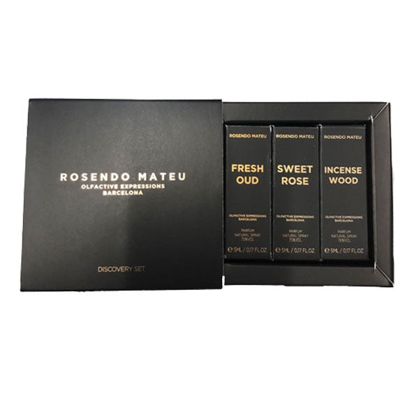 Rosendo Mateu - Black Collection - Discovery Set mit drei eleganten Duftminiaturen in schwarzer Verpackung präsentiert