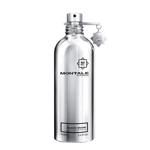 Montale - Black Musk reflektierender silberner Metallflakon mit Anhänger und schwarzer Schrift vor weißem Hintergrund