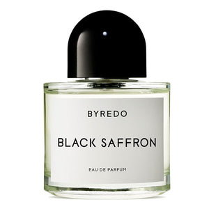 Byredo - Black Saffron minimalistischer Flakon mit schwarzem runden Verschluss und klarer Flüssigkeit elegant präsentiert