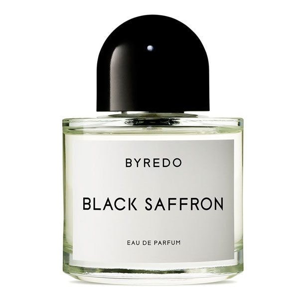 Byredo - Black Saffron minimalistischer Flakon mit schwarzem runden Verschluss und klarer Flüssigkeit elegant präsentiert