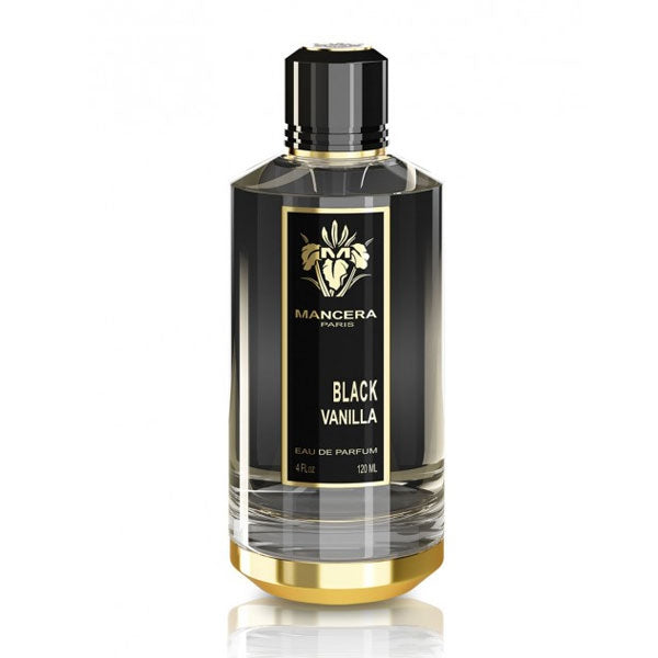 Mancera - Black Vanilla Parfumflakon mit schwarzem und goldenem Design vor weißem Hintergrund