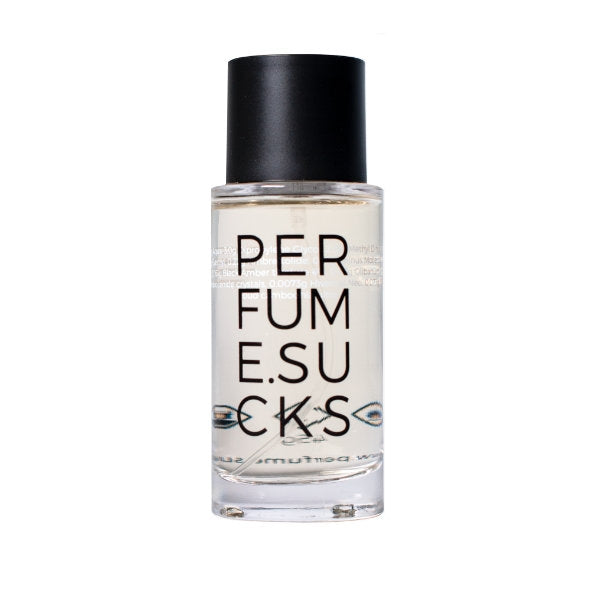 PERFUME.SUCKS - Black C klarer Flakon mit schwarzem Verschluss und minimalistischer Schrift auf weißem Hintergrund
