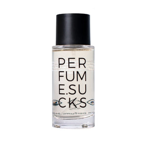 PERFUME.SUCKS - Black C klarer Flakon mit schwarzem Verschluss und minimalistischer Schrift auf weißem Hintergrund