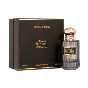 Imperial Parfums - Black Imperial Parfumflakon mit rauchgrauem Glas und goldfarbenem, facettiertem Verschluss samt schwarzer Verpackung