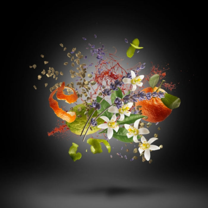 Xerjoff - Blends - Duran Duran - Black Moonlight Darstellung der floralen und würzigen Duftnoten vor dunklem Hintergrund