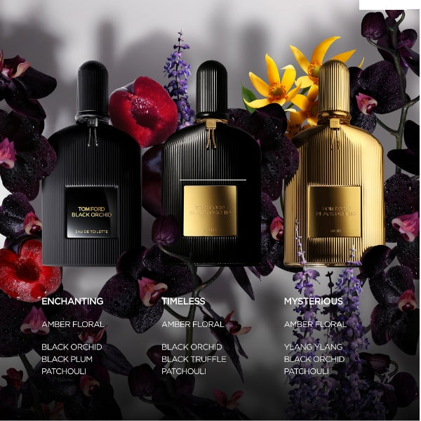 Tom Ford - Signature - Black Orchid - Eau de Toilette zeigt drei Flakons in Schwarz und Gold umgeben von farbigen Blüten