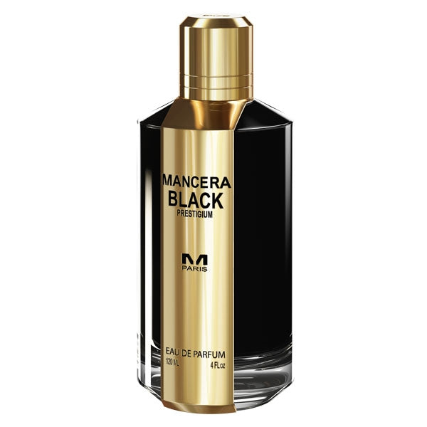 Mancera - Black Prestigium Duftflakon in Schwarz mit goldfarbenem Verschluss auf weißem Hintergrund