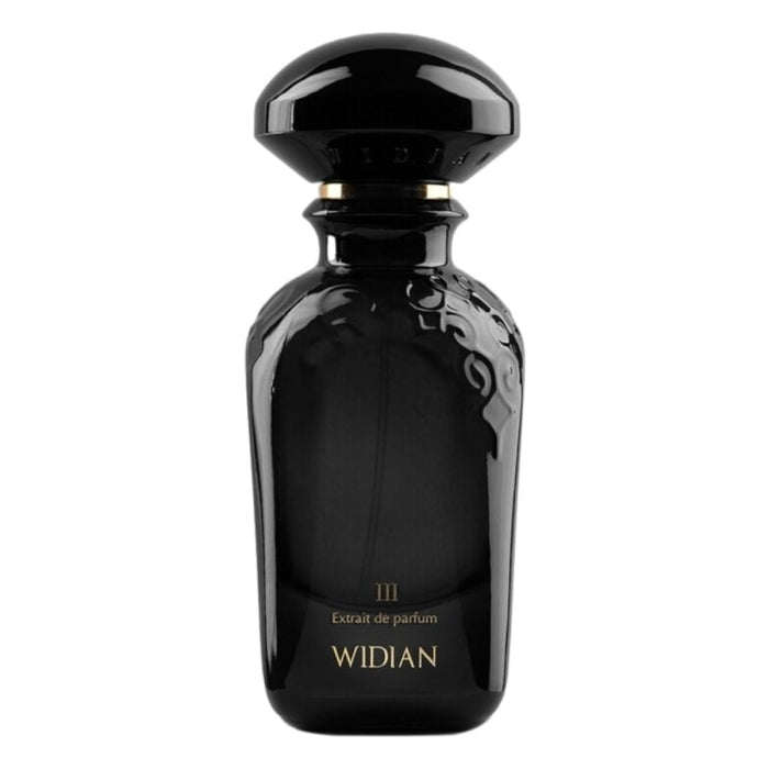 Widian - Black Collection - Black III Parfümflakon in glänzend schwarzem Glas mit feinem Relief und goldener Schriftgestaltung
