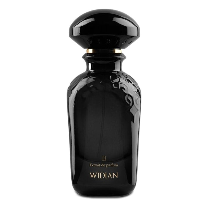 Widian - Black Collection - Black II Parfümflakon in tiefschwarzem edlem Glas mit filigranem Reliefdruck und goldener Schriftgestaltung