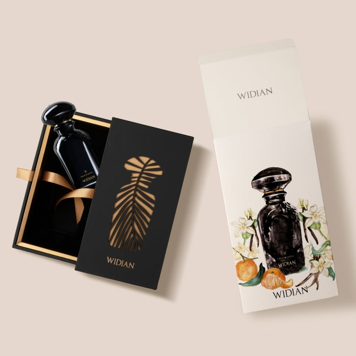 Widian - Black Collection - Black II Parfüm in schwarzem Flakon mit Geschenkbox und floraler Illustration auf beigem Hintergrund