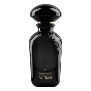 Widian - Black Collection - Black IV Parfümflakon in tiefschwarzem Glas mit dezentem Relief und goldener Schrift auf weißem Hintergrund