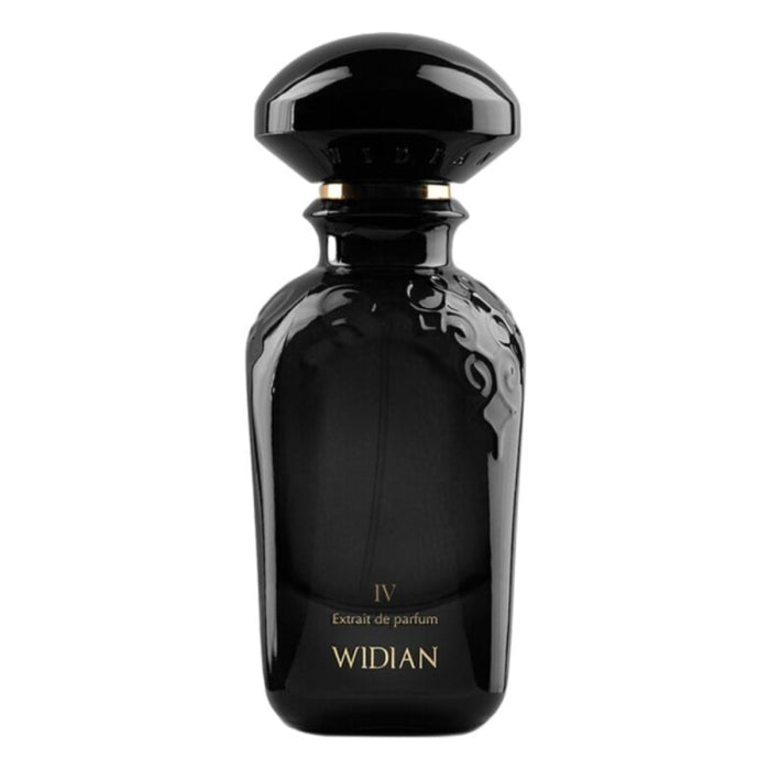 Widian - Black Collection - Black IV Parfümflakon in tiefschwarzem Glas mit dezentem Relief und goldener Schrift auf weißem Hintergrund