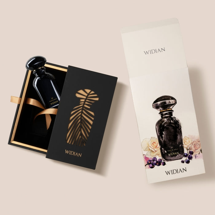 Widian - Black Collection - Black IV Parfüm in schwarzem Flakon mit luxuriöser schwarzer Geschenkbox und floraler Illustration