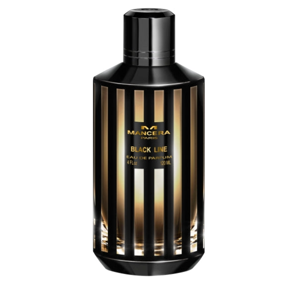 Mancera - Black Line Parfumflakon mit modernem schwarz-goldenem Streifendesign und elegantem Verschluss