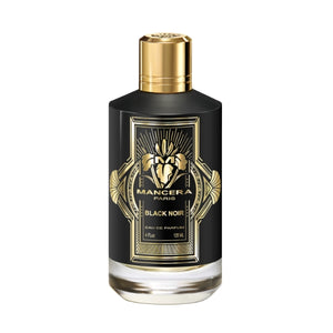 Mancera - Black Noir schwarzer Flakon mit goldenen Verzierungen und elegantem Verschluss auf weißem Hintergrund
