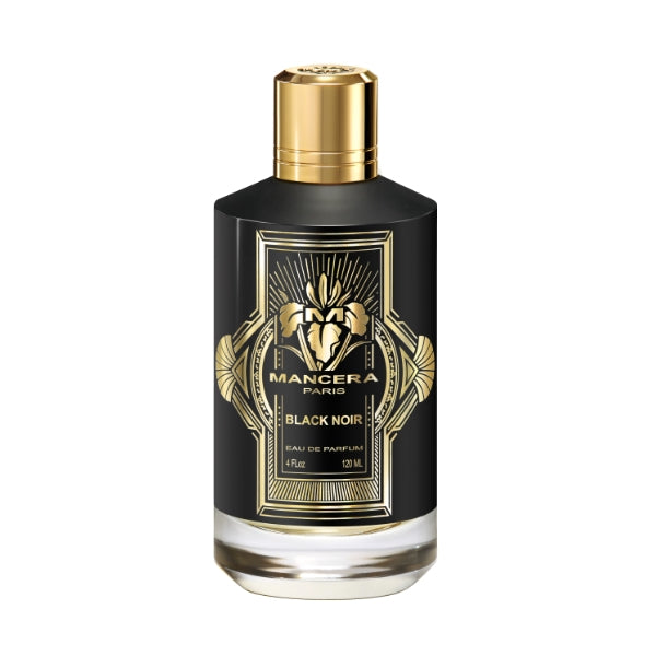 Mancera - Black Noir schwarzer Flakon mit goldenen Verzierungen und elegantem Verschluss auf weißem Hintergrund