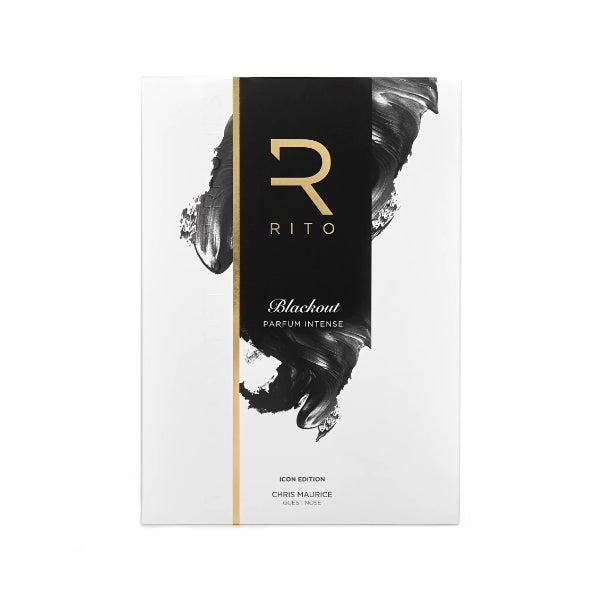 Rito - Blackout elegante Verpackung mit schwarzem Pinselstrich und goldfarbenem Schriftzug auf weißem Hintergrund
