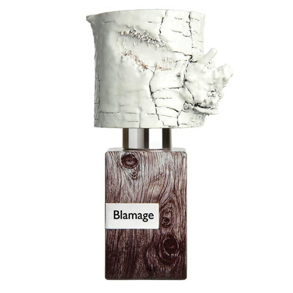 Nasomatto - Blamage Parfumflakon mit holzstrukturierter Basis und markant skulpturiertem weißem Deckel avantgardistisch gestaltet