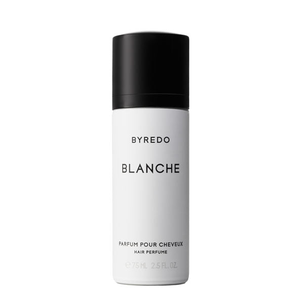 Byredo - Blanche - Hair Perfume in schlichter weißer Flasche mit schwarzem Deckel auf weißem Hintergrund