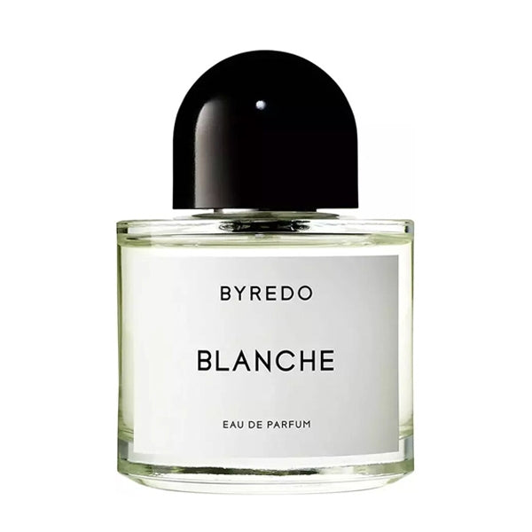 Byredo - Blanche klarer Flakon mit weißem Etikett und schwarzem halbrundem Deckel vor weißem Hintergrund