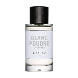 Heeley - Blanc Poudre Parfumflakon mit schlichter weißer Etikettierung und schwarzem Deckel vor weißem Hintergrund