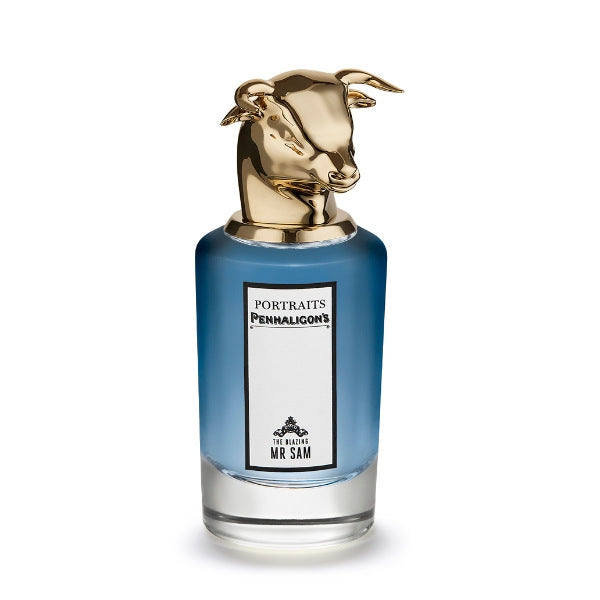 Penhaligon's - Portraits - The Blazing Mister Sam Parfumflakon mit blauem Glas und goldenem Stierkopfverschluss auf weißem Hintergrund