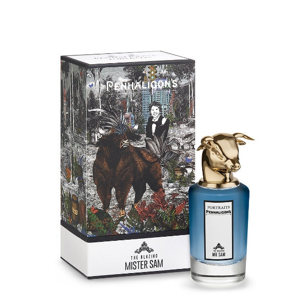 Penhaligon's - Portraits - The Blazing Mister Sam Flakon mit goldenem Stierkopfverschluss und stilvoller Verpackung vor weißem Hintergrund