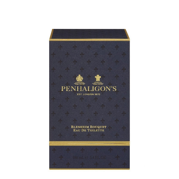 Penhaligon's Blenheim Bouquet Eau de Toilette elegant dark blue box with gold lettering and fleur-de-lis pattern on white background