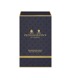 Penhaligon's Blenheim Bouquet Eau de Toilette elegant dark blue box with gold lettering and fleur-de-lis pattern on white background