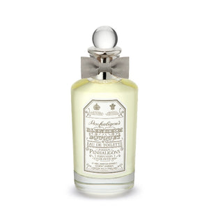 Penhaligon's Blenheim Bouquet Eau de Toilette in clear glass bottle with silver neck and gray bow on white background