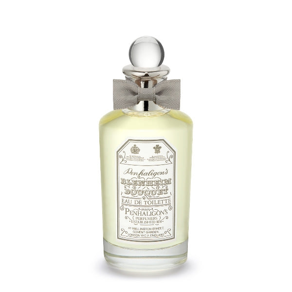 Penhaligon's Blenheim Bouquet Eau de Toilette in clear glass bottle with silver neck and gray bow on white background