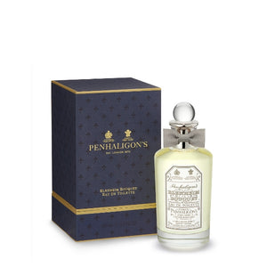 Penhaligon's Blenheim Bouquet Eau de Toilette in elegant bottle with round stopper beside dark blue box on white background